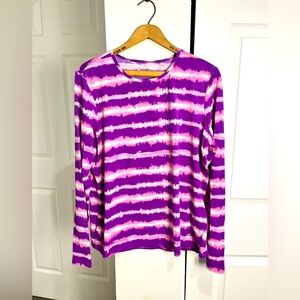 Lands' End women's long-sleeve purple and pink tie-dye rash guard swim shirt.